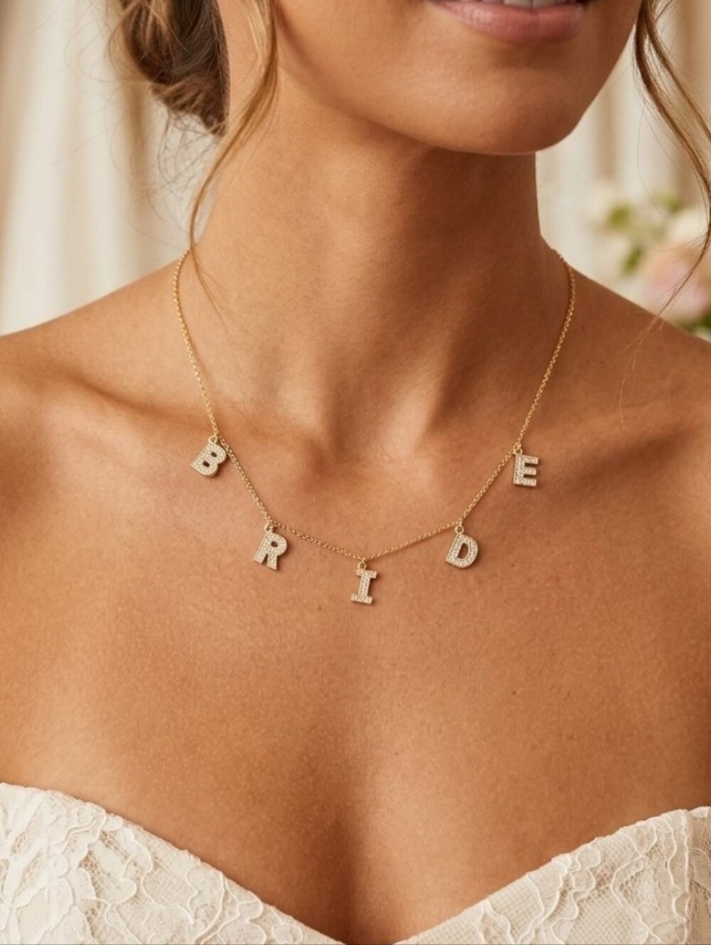 Necklace Gold Tone Featuring The Word BRIDE in Pave' Style Diamond Letter Charms